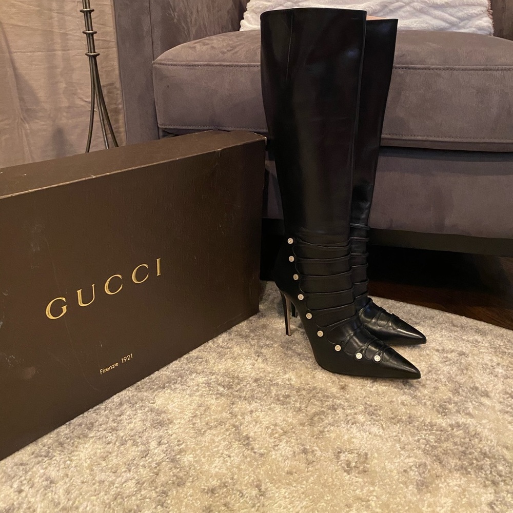 Gucci Aneta Tall Black Leather High Heel Boots 100% Authentic